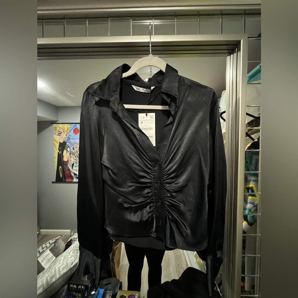 ZARA Black Satin Ruched Long Sleeve